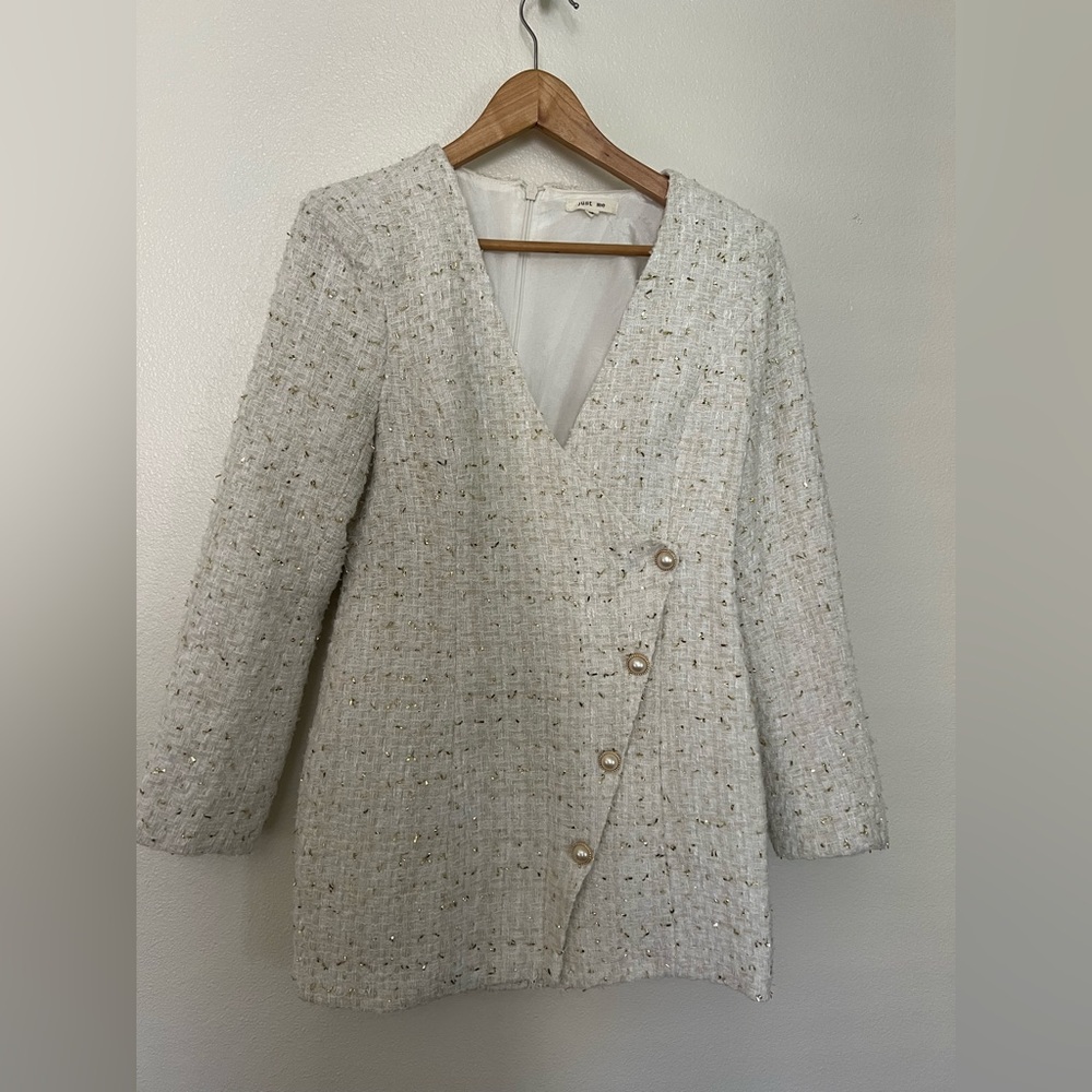 Elegant Cream Tweed dress with Pearl Buttons